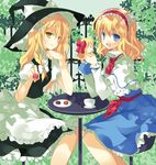  alice_margatroid bad_id bad_pixiv_id blonde_hair cup doll food garden hairband happy hat kirisame_marisa macaron mizuse_kiseki multiple_girls shanghai_doll sitting smile table teacup touhou witch_hat 