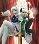  black_legwear blue_eyes braid breasts crossed_legs green_eyes hairband highres izayoi_sakuya katana konpaku_youmu konpaku_youmu_(ghost) large_breasts legs maid maid_headdress medium_breasts miyakouji multiple_girls pantyhose short_hair silver_hair sitting sword thighband_pantyhose thighhighs thighs touhou twin_braids weapon white_legwear 