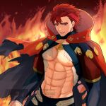  1boy alternate_costume asymmetrical_clothes asymmetrical_pants black_bridal_gauntlets bow bridal_gauntlets clothing_cutout commentary_request diamant_(fire_emblem) fire_emblem fire_emblem_engage highres leg_cutout male_focus midriff pectorals red_bow red_eyes sage_outfit_(fire_emblem_engage) single_pantsleg solo stomach_cutout torn_clothes zuguroman 
