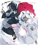  2girls absol apron ayaka_488 commentary_request dark-skinned_female dark_skin fang feathered_wings hair_over_one_eye highres horns looking_at_viewer maid maid_apron maid_headdress mega_absol mega_absol_z multiple_girls open_mouth personification pokemon red_eyes red_wings single_wing white_wings wings 