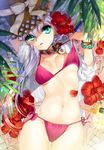  aqua_eyes bad_id bad_pixiv_id bikini bikini_lift bracelet breasts cherrypin colorful crescent flower gradient_hair hair_flower hair_ornament hat hibiscus highres jewelry lifted_by_self lips long_hair lying medium_breasts multicolored_hair navel necklace on_back open_clothes open_shirt original petals shirt side-tie_bikini solo straw_hat swimsuit sword_girls 