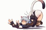  1girl :3 animal_ear_fluff animal_ears armored_legwear ass black_gloves black_leotard blue_hair breasts cat_ears cat_girl cat_stretch cat_tail cipher_(honkai:_star_rail) closed_eyes closed_mouth fingerless_gloves gloves highres honkai:_star_rail honkai_(series) leotard raichiyo33 short_hair sidelocks signature solo stretching tail top-down_bottom-up 
