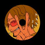  1boy black_background blonde_hair cd character_name cigarette commentary facial_hair goatee highres male_focus mrjieshisu mustache one_piece sanji_(one_piece) short_hair simple_background smile solo sunglasses v 