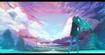  arsenixc cloud from_behind from_ground gradient green_hair hatsune_miku highres horizon letterboxed long_hair perspective power_lines road scenery sky solo standing thighhighs twintails vocaloid wallpaper zettai_ryouiki 