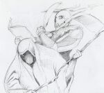 2013 5_fingers ambiguous_gender animated_skeleton anthro bone book clothing deriaz duo fingers graphite_(artwork) grey_background greyscale half-length_portrait hatching_(art) holding_book holding_melee_weapon holding_object holding_polearm holding_quill holding_scythe holding_weapon loose_feather melee_weapon monochrome mouth_closed open_book polearm portrait quill robe scythe shaded simple_background skeleton skull traditional_media_(artwork) undead unknown_species weapon