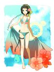  aqua_eyes aqua_sarong bikini cloud donburi_(artist) flower hair_flower hair_ornament hibiscus legs multicolored multicolored_sarong original sarong sarong_removed solo swimsuit text_focus 