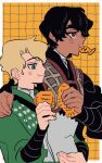 2boys :t animification arm_around_shoulder bag black_dougi black_hair blonde_hair border closed_mouth cole_(ninjago) commentary_request dark-skinned_male dark_skin dougi eating food food_in_mouth from_side green_dougi green_eyes grid_background haaa_om007ls highres holding holding_bag holding_food korean_commentary lloyd_garmadon long_sleeves looking_ahead male_focus mouth_hold multiple_boys ninjago orange_background orange_eyes outside_border paper_bag shirt short_hair simple_background smile taiyaki thick_eyebrows undershirt upper_body wagashi white_border white_shirt 