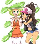  2girls bag baseball_cap bell_(pokemon) beret breasts brown_hair denim female_protagonist_(pokemon_b&amp;w) green_eyes grey_eyes hat multiple_girls navel open_mouth pokemon pokemon_(game) pokemon_black_and_white shorts tagme 