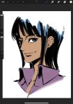  1girl art_program_in_frame black_hair blue_eyes closed_mouth collared_shirt hashtag-only_commentary highres medium_hair mrjieshisu nico_robin one_piece pink_shirt portrait shirt simple_background smile solo white_background 