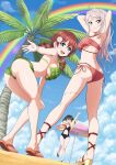  3girls absurdres ahoge arms_behind_head ball beachball bikini black_hair black_one-piece_swimsuit blue_eyes blue_sky blush bracelet breasts brown_hair casual_one-piece_swimsuit character_request closed_eyes closed_mouth cloud commentary_request commission copyright_request flower flower_bracelet green_bikini grey_hair hair_flower hair_ornament highres holding holding_ball holding_beachball jewelry large_breasts long_hair looking_at_viewer medium_breasts multiple_girls navel one-piece_swimsuit open_mouth outdoors palm_tree pokemoa rainbow red_bikini sandals skeb_commission sky smile stomach swimsuit tree umbrella 