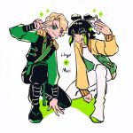  1boy 1girl ;) ;q animification belt black_hair black_pants blonde_hair bright_pupils cellphone character_name color_connection commentary_request company_connection double_bun french_kiss full_body green_belt green_eyes green_streaks green_theme haaa_om007ls hair_bun highres holding holding_phone jacket kiss korean_commentary lloyd_garmadon long_sleeves martial_arts_belt mei_dragon monkie_kid multicolored_hair ninjago on_one_knee one_eye_closed open_clothes open_jacket pants phone selfie shirt short_hair simple_background smartphone smile sparkle streaked_hair the_lego_group tongue tongue_out v white_background white_pupils white_shirt yellow_jacket 