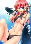  absurdres bikini blue_eyes breasts conch fingerless_gloves gloves highleg highleg_bikini highleg_swimsuit highres large_breasts long_hair navel one_eye_closed open_mouth original red_hair shell shell_to_ear solo swimsuit tsuki_tokage underboob whale 