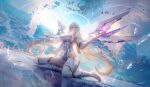  1girl absurdres arm_up armored_boots bare_shoulders boots breasts broken_glass capelet chaos_zero_nightmare cloud detached_sleeves fufu glass grey_hair hair_between_eyes halo highres horns large_breasts leotard long_hair looking_at_viewer mechanical_horns mechanical_wings parted_lips purple_eyes reflection ruins sereniel_(chaos_zero_nightmare) sideboob sidelocks sky smile solo sunlight white_boots white_capelet white_leotard white_sleeves wings zipper 