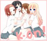  :d akiyama_mio bad_id bad_pixiv_id black_eyes black_hair blonde_hair blue_eyes blush brown_eyes brown_hair closed_eyes grin hairband hand_on_shoulder hirasawa_yui hug hug_from_behind k-on! kneehighs kotobuki_tsumugi kuroki_(ma-na-tu) long_hair multiple_girls no_shoes one_eye_closed open_mouth pleated_skirt school_uniform shiny short_hair sitting skirt smile socks tainaka_ritsu white_legwear 