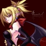  bat_wings blonde_hair bow breasts character_name covered_nipples demon_girl detached_sleeves disgaea earrings jewelry large_breasts makai_senki_disgaea_2 odyssey_(dolls) red_eyes ribbon rozalin solo wings yellow_bow 