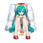  1girl angel_wings aqua_eyes aqua_hair cake eating food fork hatsune_miku headphones highres legs long_hair masn_(moxi) panties pantyshot pantyshot_(sitting) pudding sitting skirt solo underwear upskirt very_long_hair vocaloid white_panties wings 