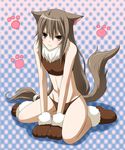  animal_costume animal_ears blush brown_eyes brown_hair costume fur kemonomimi_mode kneeling long_hair ookami-san ookami_ryouko paws solo tail tsunoda_uei wolf_ears wolf_tail 