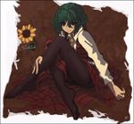  ascot dagashi_(place) feet flower green_hair kazami_yuuka legs lowres pantyhose plaid plaid_skirt plaid_vest red_eyes short_hair sitting skirt skirt_set solo sunflower touhou vest 