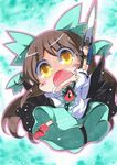  :o alternate_eye_color asymmetrical_clothes brown_hair chibi fang gundam gundam_00 long_hair milkpanda mismatched_footwear open_mouth parody reiuji_utsuho solo touhou wings yellow_eyes 