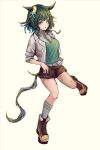  1girl animal_ears boots breasts brown_boots brown_shorts commentary_request ears_through_headwear full_body green_eyes green_hair green_vest hat horse_ears horse_girl horse_tail jacket kiseki_(miracle_author)_(umamusume) kiseki_(umamusume) looking_at_viewer parted_lips shirt short_hair shorts simple_background solo tail umamusume vest white_jacket white_shirt yanagi_wakana yellow_hat 