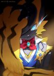  2023 anthro atelier_rhyme blue_eyes brooch clothing generation_7_pokemon glowing glowing_eyes hat headgear headwear hi_res legendary_pokemon lightning_bolt male nintendo pokemon pokemon_(species) ribbons simple_background solo stick_in_mouth tipping_hat top_hat topwear tuft vest zephyr_(atelier_rhyme) zeraora 