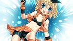  bike_shorts blonde_hair blue_eyes fingerless_gloves gloves hair_ornament hair_ribbon hairclip highres kagamine_rin midriff navel ribbon short_hair skirt solo vocaloid yayoi_(egoistic_realism) 