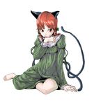  animal_ears bad_id bad_pixiv_id barefoot braid cat_ears cat_tail dress face fang hands highres kaenbyou_rin licking multiple_tails naka_(kametsuru) red_eyes red_hair sitting solo tail touhou twin_braids yokozuwari 