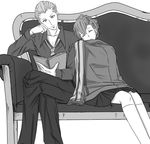  1girl book couch couple female_protagonist_(persona_3) greyscale hetero md5_mismatch monochrome necktie persona persona_3 persona_3_portable reading sleeping suta_furachina teodor 