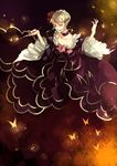  bad_id bad_pixiv_id beatrice blonde_hair blue_eyes bow brooch bug butterfly checkered choker crazy dress flower hair_bun hair_flower hair_ornament highres insect jewelry kiseru oono_eiko pink_bow pipe ring solo troll_face umineko_no_naku_koro_ni 