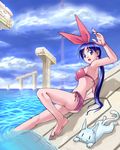  aliesta armpits ass barefoot bikini blue_eyes blue_hair bracelet cat feet jewelry long_hair looking_back original pillar ponytail ruins side-tie_bikini soaking_feet solo swimsuit water 