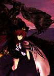  aiguillette alternate_costume bad_id bad_pixiv_id bird cape falcon gloves hat long_hair red_eyes red_hair reiuji_utsuho sky solo touhou virus_(obsession) wings 