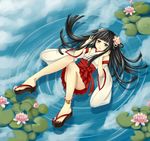  adapted_uniform anklet bell black_hair blue_eyes blush clog_sandals day flower japanese_clothes jewelry kimono lily_pad long_hair lotus lying miko miomori_yusura nail_polish okobo original red_nails reflection sandals short_kimono sky solo very_long_hair water 