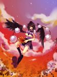  bad_id bad_pixiv_id between_fingers black_hair black_wings fan flying geta hat leaf legs looking_at_viewer maple_leaf open_mouth outstretched_leg red_eyes shameimaru_aya short_hair sky smile solo sunset tatsuyoshi tengu-geta tokin_hat touhou wings 