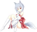  animal_ears bad_id bad_pixiv_id bare_shoulders blue_hair blush detached_sleeves fox_ears fox_tail full_body japanese_clothes kneehighs open_mouth original red_eyes samegami sitting sleeves_past_wrists socks solo tail transparent_background 