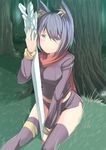  animal_ears bad_id bad_pixiv_id black_hair forest green_eyes johnny_funamushi kiki_(koba) nature original scarf short_hair shorts sitting solo sword thighhighs weapon 