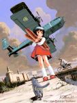  1boy 1girl aircraft airplane animal artist_name bad_id baguette bicycle bicycle_helmet biplane black_cat black_eyes black_hair blue_sky bread bridge cat closed_mouth cloud commentary dress flying food from_below full_body helmet holding_bread layered_dress leg_warmers looking_to_the_side original outdoors pinafore_dress propeller red_dress red_shoes shirt shoes short_hair signature sky sleeveless sleeveless_dress solo_focus standing tsuzuki_kazuhiko turning_head web_address white_leg_warmers white_shirt wooden_bridge 