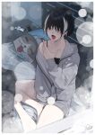  1girl aki_(rerrere) bare_legs black_hair commentary_request grey_jacket highres indian_style indoors jacket multicolored_hair off_shoulder on_bed open_mouth original rerrere short_hair sitting snowing solo streaked_hair window yawning 