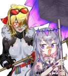  2girls absurdres blonde_hair evil_smile grey_hair highres hololive hololive_english hololive_indonesia kaela_kovalskia kaela_kovalskia_(1st_costume) kenzeeato koseki_bijou koseki_bijou_(1st_costume) multiple_girls purple_eyes red_eyes scared smile sweat virtual_youtuber 