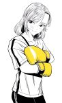  1girl asymmetrical_bangs bandaid bandaid_on_cheek bandaid_on_face boxing_gloves commentary_request gloves greyscale hatching_(texture) highres lee_(dragon_garou) medium_hair monochrome original profile shirt sideways_glance smile solo spot_color t-shirt upper_body yellow_gloves 