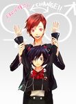  1girl black_hair blue_eyes blue_hair female_protagonist_(persona_3) frown genderswap genderswap_(ftm) genderswap_(mtf) headphones height_difference hoe_(dbp) persona persona_3 persona_3_portable purple_eyes red_eyes red_hair school_uniform smile standing yuuki_makoto 