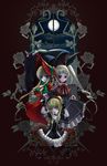  blazblue blonde_hair blue_eyes columbine crossover dress flower gothic headband highres karakuri_circus look-alike masumo_(renkaren) moon multiple_girls nago purple_eyes rachel_alucard red_eyes ribbon rose rozen_maiden shinku short_twintails twintails umbrella 