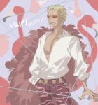  1boy blonde_hair cape cowboy_shot donquixote_doflamingo feather_cape hand_in_pocket happy_birthday hashtag-only_commentary highres male_focus mrjieshisu one_piece orange-tinted_eyewear pants pink_cape pink_pants shirt short_hair solo string sunglasses tinted_eyewear white_shirt 