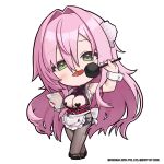  1girl apron black_shoes breasts chibi clipboard commentary english_commentary floral_print flower frilled_apron frills full_body goddess_of_victory:_nikke green_eyes hair_between_eyes hair_flower hair_intakes hair_ornament heart_pasties high_heels highres holding holding_clipboard long_hair looking_at_viewer mole mole_on_breast mole_under_eye nail_polish official_art open_mouth pantyhose pasties pink_hair pink_nails revealing_clothes shoes solo standing tassel tongue tongue_out totatokeke velvet_(nikke) very_long_hair white_apron wrist_cuffs 