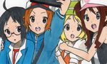  2boys 2girls ahoge bag bare_shoulders baseball_cap bell_(pokemon) beret black_hair blazer blonde_hair brown_hair camera cheren_(pokemon) glasses grey_eyes hat hug jacket k-on! long_hair multiple_boys multiple_girls open_mouth parody pokemon pokemon_(game) pokemon_black_and_white short_hair simple_background smile touko_(pokemon) touya_(pokemon) traditional_media vest wristband zipper 