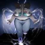 3_fingers absurd_res anthro band1tnsfw big_ears blue_bottomwear blue_clothing blue_jeans blue_pants bodily_fluids bottomwear clothing denim denim_bottomwear denim_clothing ear_piercing ear_ring electricity electricity_manipulation elemental_manipulation elephant elephantid energy english_text female fingers floating floating_in_air footwear glowing glowing_eyes hi_res horn jeans jodie_hughes_(band1tnsfw) lactating lightning looking_at_viewer mammal night pants piercing proboscidean projectile_lactation purple_clothing purple_footwear purple_shoes ring_piercing shirt shoes sneakers solo storm storm_clouds text topwear white_clothing white_shirt white_topwear