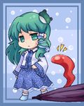  detached_sleeves green_eyes green_hair hair_ornament karakasa_obake kochiya_sanae long_hair lowres pote_(ptkan) purple_umbrella solo tatara_kogasa tongue touhou umbrella 