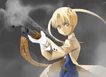  belt blonde_hair blue_eyes dark_skin foreshortening gloves gun gunslinger_girl long_hair shotgun sling smoke smoking_gun solo taiyaki_a trench_coat triela twintails waistcoat weapon winchester_model_1897 