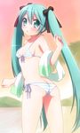  :o aqua_eyes aqua_hair ass bikini blush breasts butt_crack front-tie_top hatsune_miku highres long_hair looking_at_viewer looking_back side-tie_bikini small_breasts solo strap_gap striped striped_bikini swimsuit twintails underboob usashiro_mani very_long_hair vocaloid 