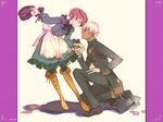  1girl a_(shiei_no_sona-nyl) akira_(kaned_fools) apron blue_eyes boots bowing couple dark_skin dress hat hetero highres holding_hands kneeling lily_(shiei_no_sona-nyl) pantyhose purple_hair red_eyes shiei_no_sona-nyl short_hair steampunk_(liarsoft) uniform wallpaper white_hair 