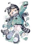  1girl :d animal_hat asymmetrical_legwear black_hat black_shoes black_shorts blonde_hair blunt_bangs blush_stickers camera cat_girl cat_hat cat_tail commentary cotono_(nazekun) cup dot_nose drink_carton full_body fur-trimmed_shorts fur_trim goggles goggles_on_headwear green_eyes green_jacket hat highres holding holding_cup jacket kneehighs long_sleeves milk_carton mismatched_legwear open_mouth original outstretched_arm print_socks shoes short_hair shorts signature simple_background smile socks solo standing star_(symbol) star_print striped_clothes striped_headwear striped_socks striped_tail symbol-only_commentary tail watermark white_background white_socks 